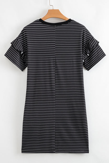 Stripe Ruffle Sleeve Crewneck T-Shirt Mini Dress