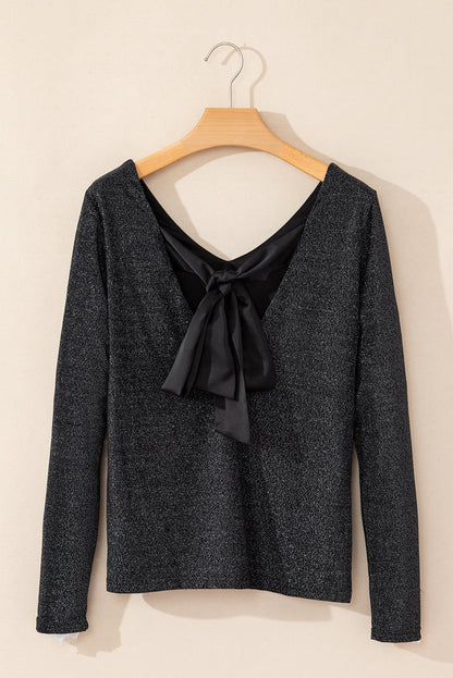 Metallic Satin Bow Open Back V-Neck Top