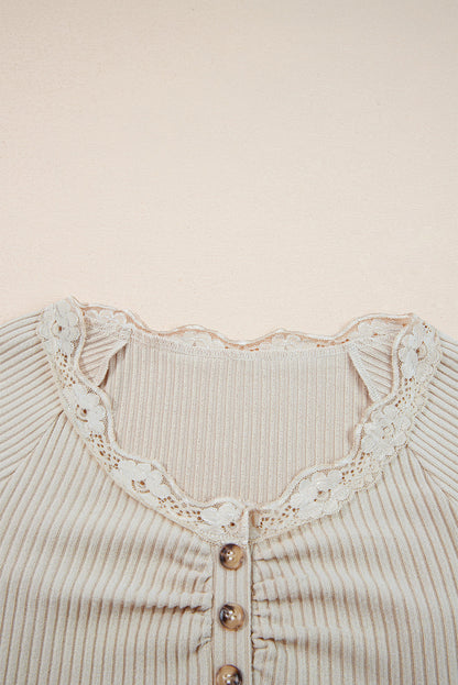 Solid Ribbed Lace Neckline Long Sleeve Top