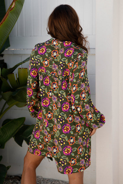 Floral Split Neck Bubble Sleeve Shift Mini Dress
