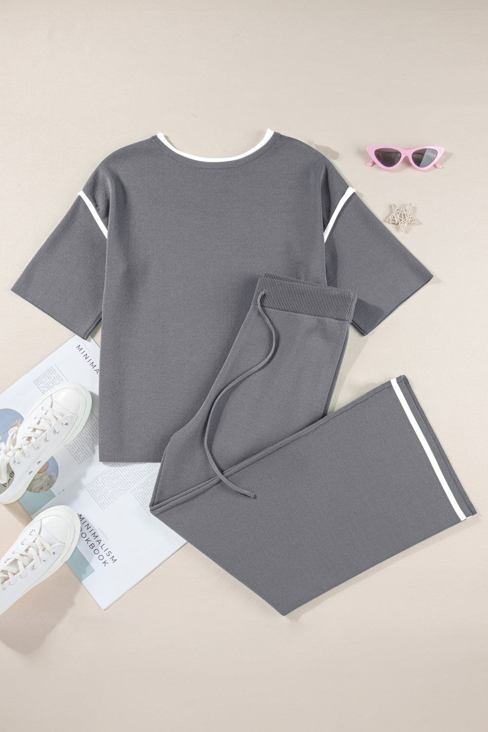 Contrast Trim Half Sleeve Top & Drawstring Pants