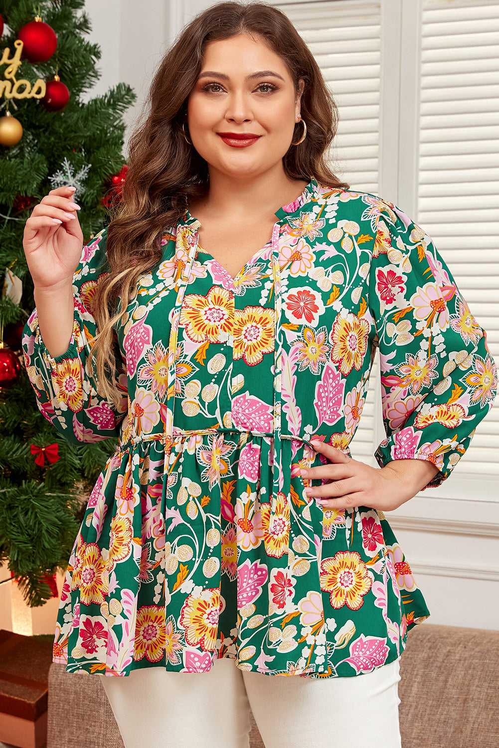 Plus Size Long Sleeve Tied Babydoll Top