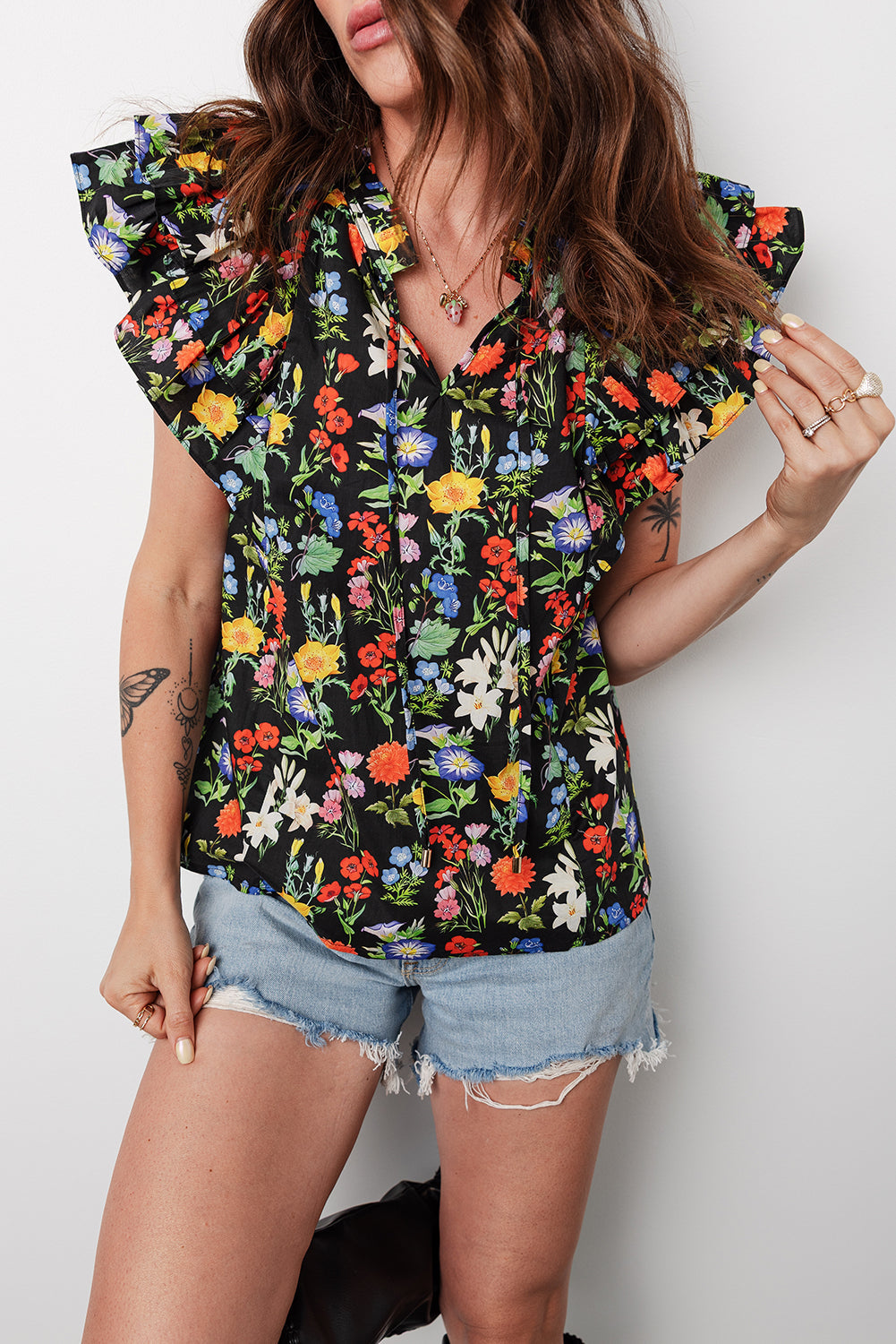 Tiered Flutter Sleeve V-Neck Flower Blouse