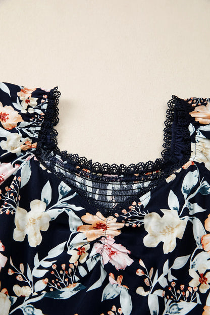 Floral Short-Sleeve Smock High-Waist Maxi Dress