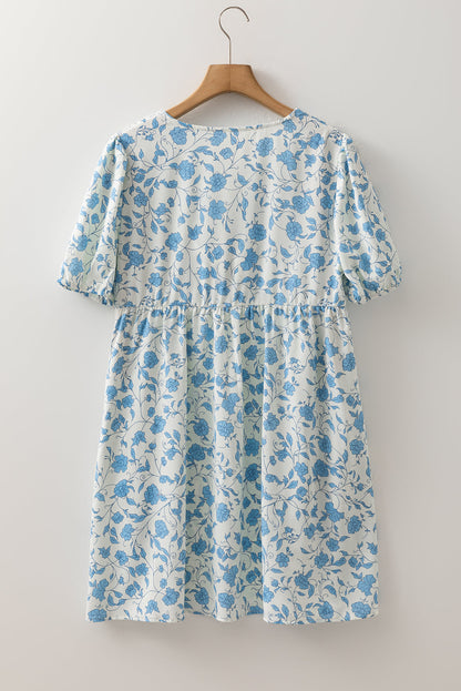 Floral Contrast Bow Puff Sleeve Mini Dress