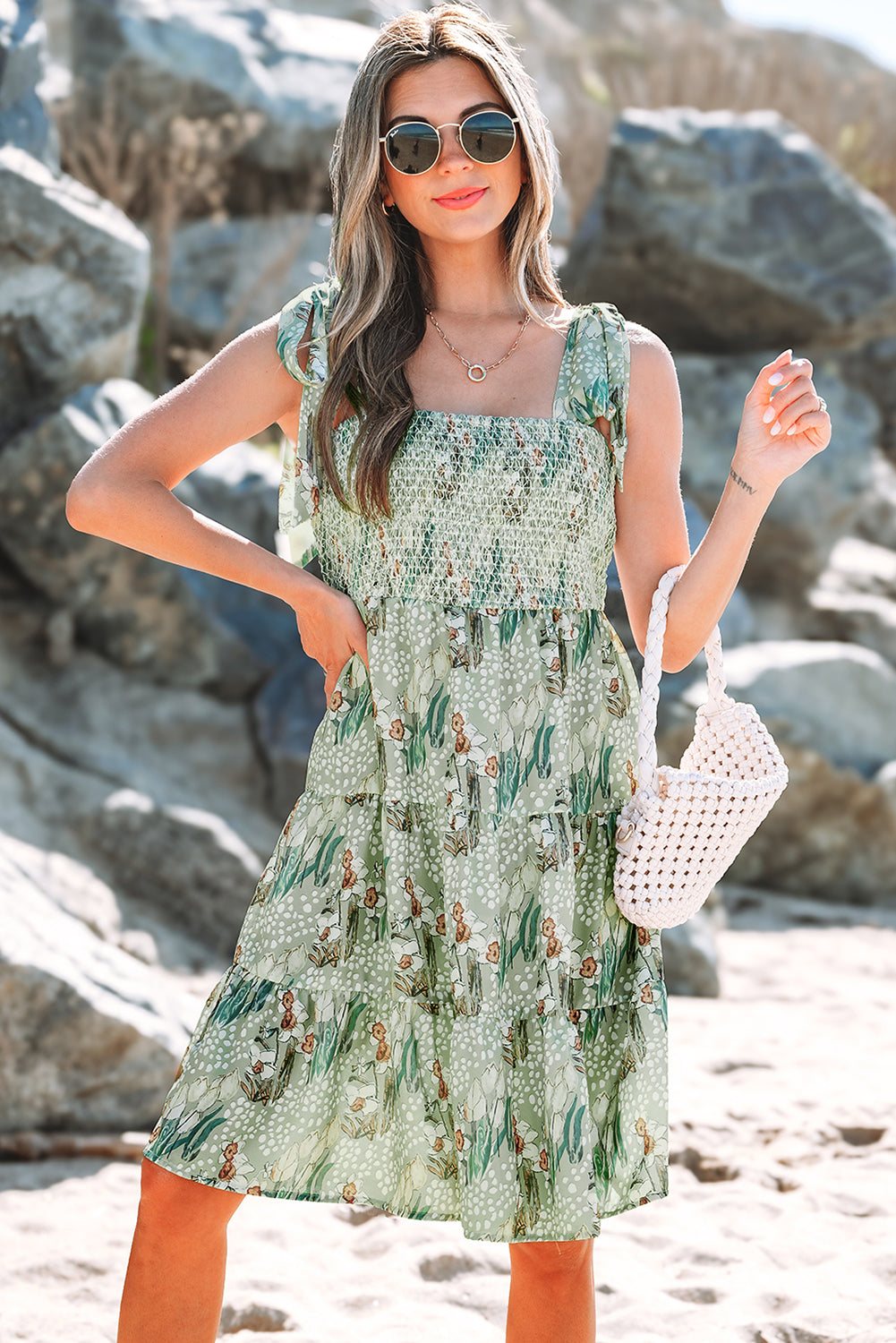 Floral Knot Strap Smocked Tiered Ruffle Dress