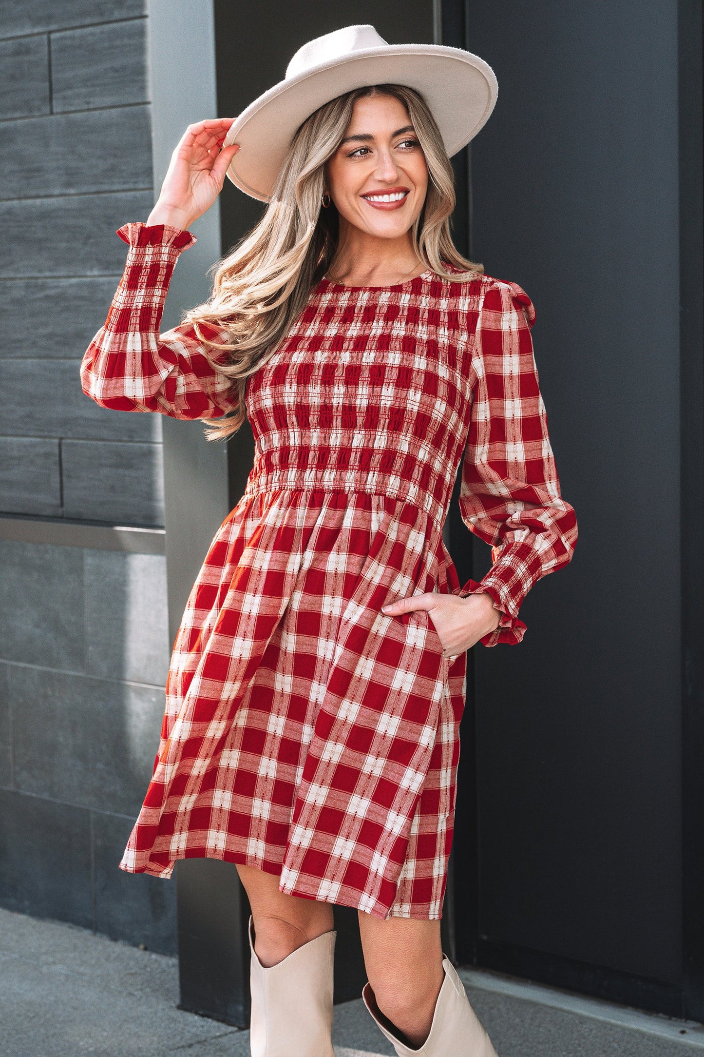Plaid Smock Puff Sleeve Mini Dress