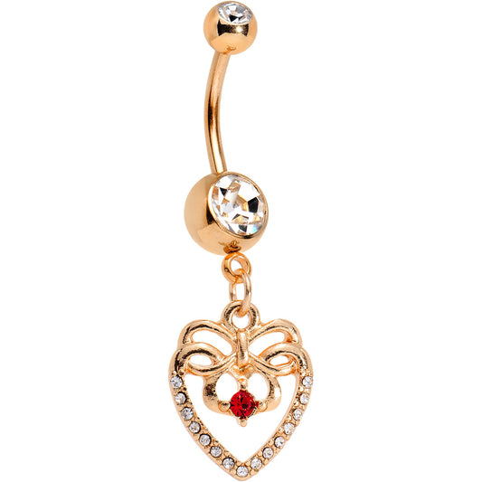 Clear Red CZ Gem Rose Gold Anodized Bow Heart Dangle Belly Ring
