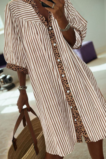 Stripe Square Button Trim Loose Sleeve Dress