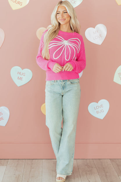 Valentine Bow Hollowed Knit Drop Shoulder Sweater