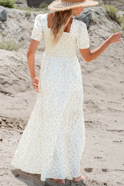 Floral Frilly Shirred Bodice Tiered Maxi Dress