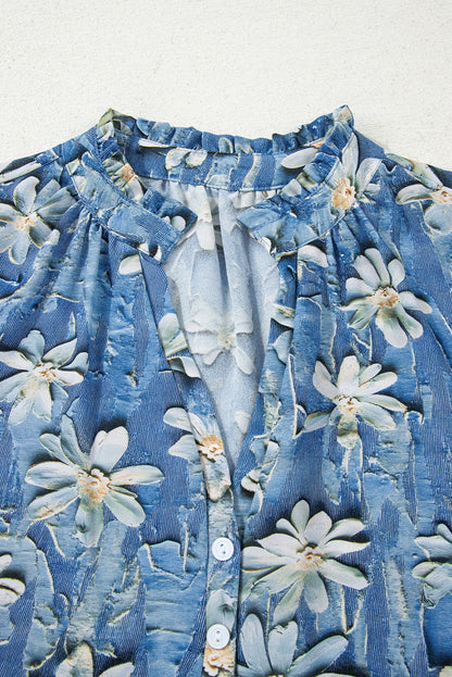 Floral Half Placket Collared V-Neck Blouse