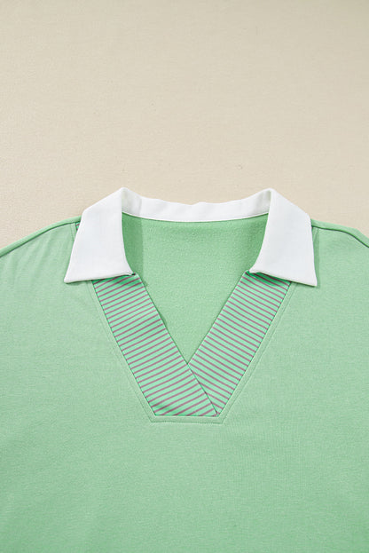 Plus Size Colorblock Stripe Patchwork Collared V-Neck Sweatshirt