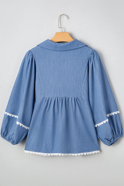 Solid Lace Ric-Rac 3/4 Sleeve Babydoll Blouse