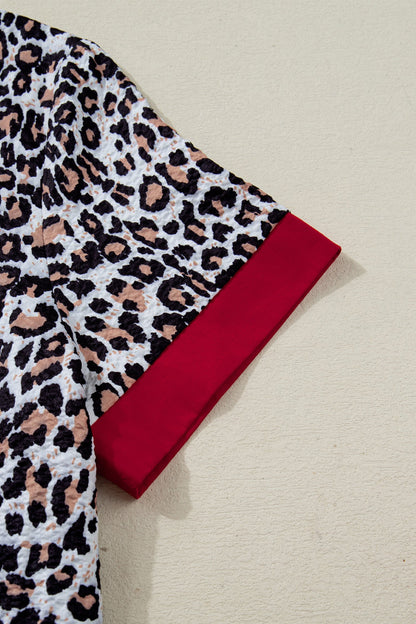 Leopard Contrast Frill V-Neck Trim Shirt