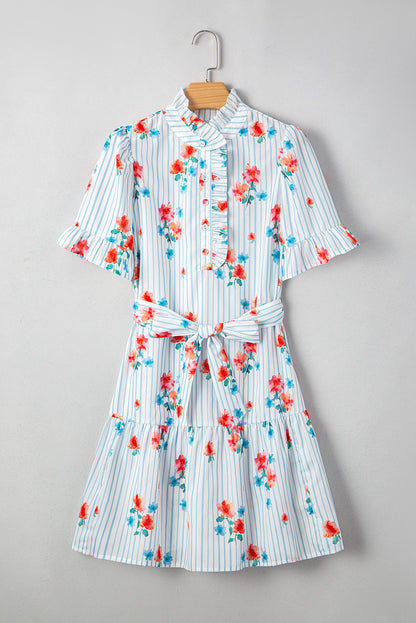 Stripe Floral Ruffle Sleeve Belted Mini Dress