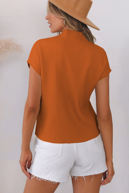 Solid Ribbed Knit Patch Pocket Short Sleeve Sweater