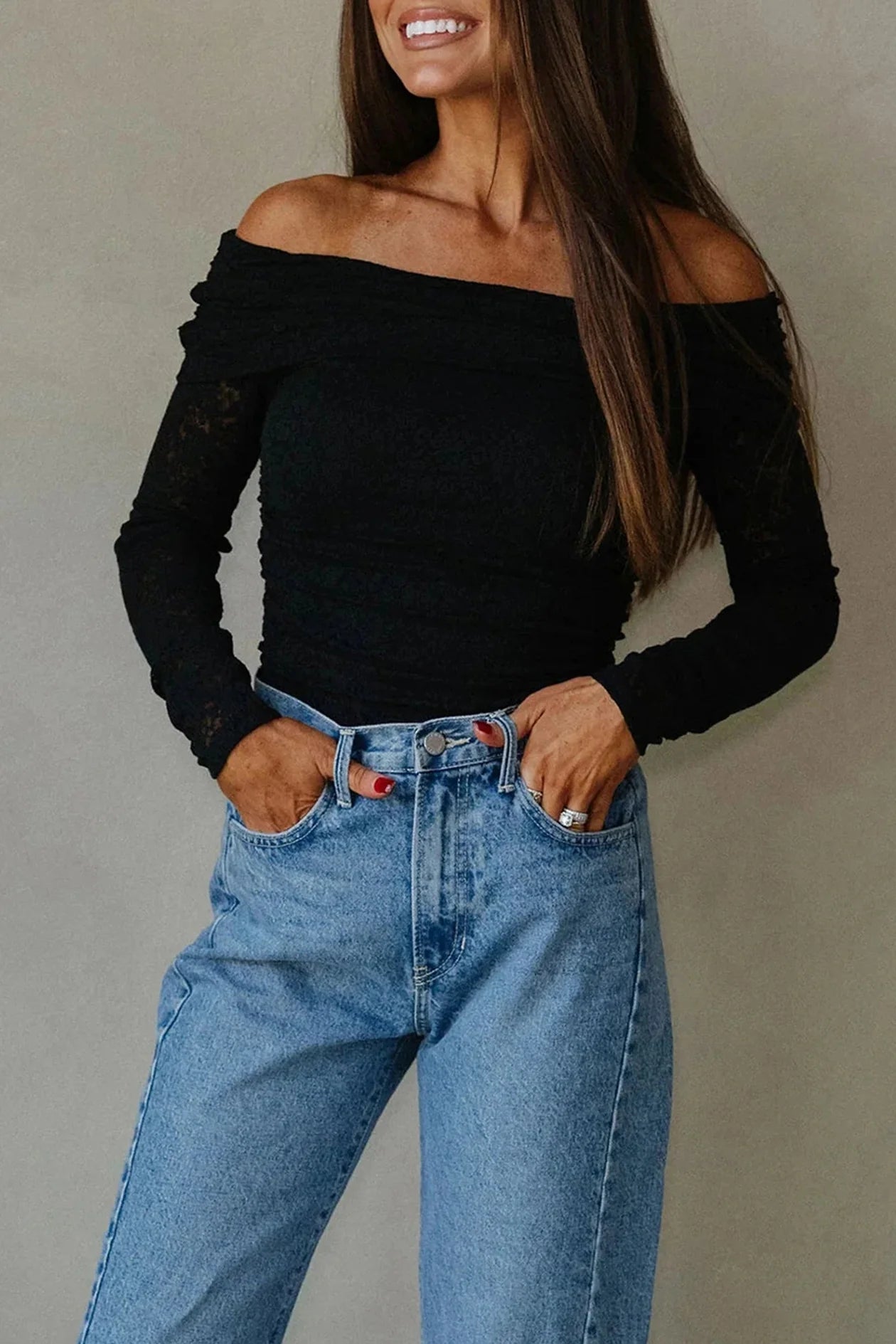 Floral Lace Off-Shoulder Long Sleeve Slim Top