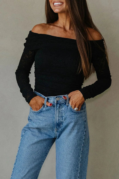 Floral Lace Off-Shoulder Long Sleeve Slim Top