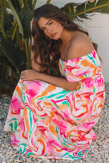 Abstract Ruffle Sleeve Smock Maxi Dress