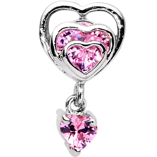 16G 1/4 Pink CZ Gem Triple Heart Dangle Cartilage Tragus Earring