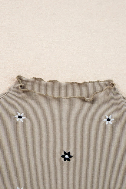 Floral Ribbed Embroidered Long Sleeve Top
