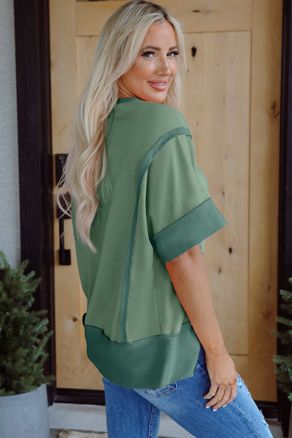3/4 Sleeve Raw Seam High-Low Side Top