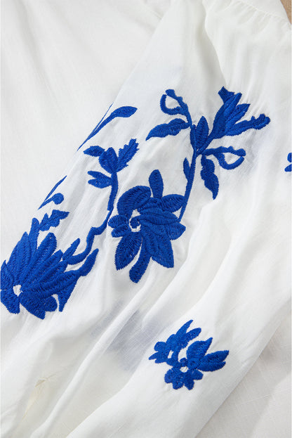 Floral Embroidered Drawstring V-Neck Blouse