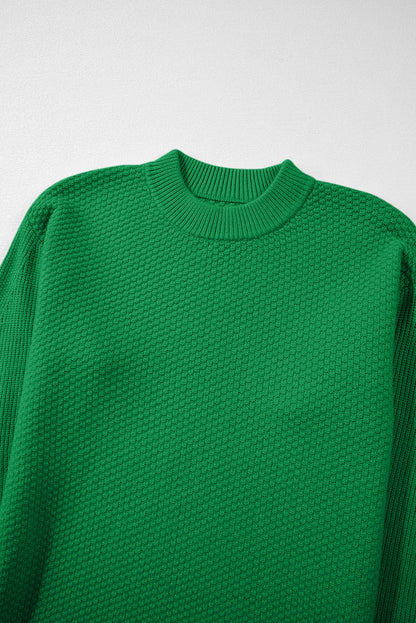Solid Textured Knit Split Cuff Drop Shoulder Sweater