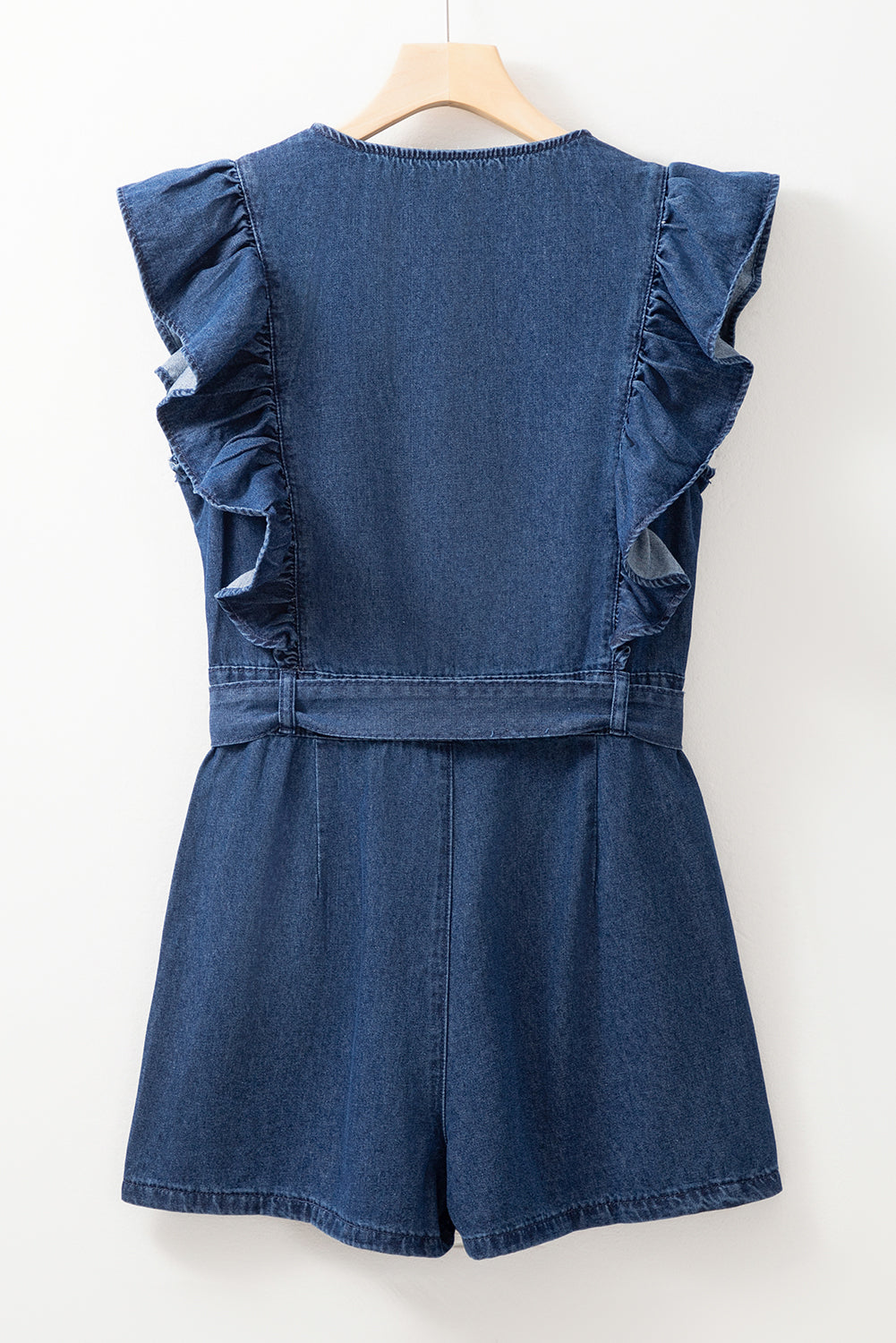 Denim Ruffle Zip Front Belted Romper