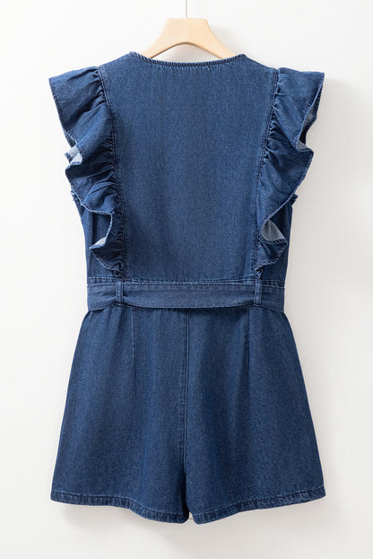 Denim Ruffle Zip Front Belted Romper