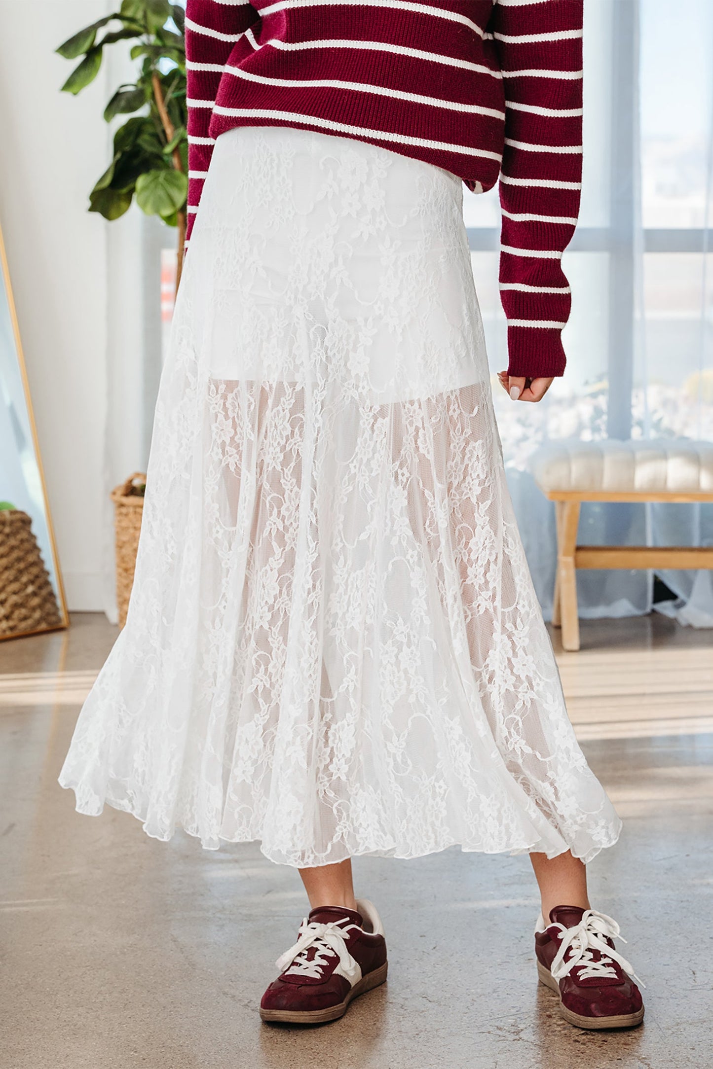 Floral Lace Sheer Flowy Maxi Skirt