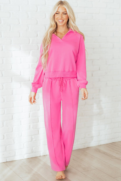 Solid Collared Top and Central Seam Pants Set