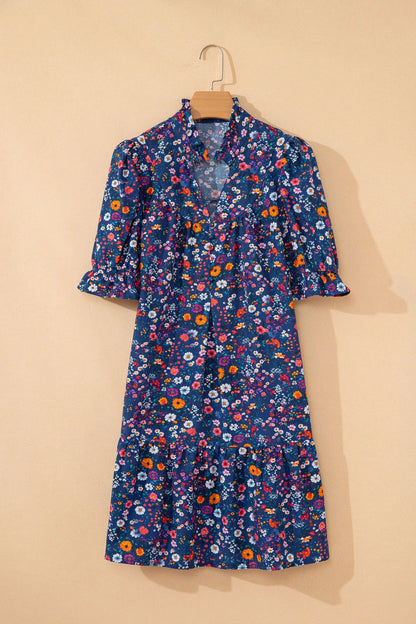 Floral Split Neck Wild Daisy Puff Mini Dress