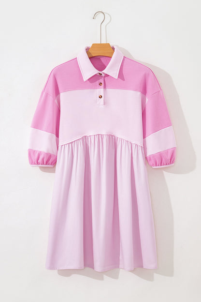Raw Seam Colorblock Patchwork Button Polo Dress