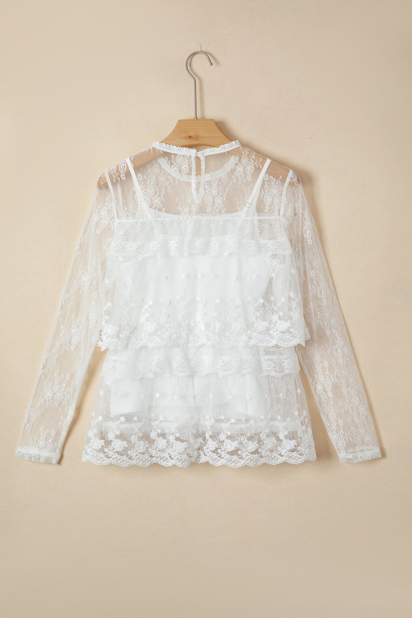 2pcs Sheer Floral Lace Ruffle Tiered Blouse