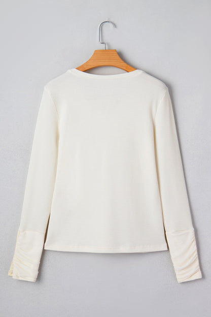 Thermal Knit Lace Ruched Patchwork V-Neck Top
