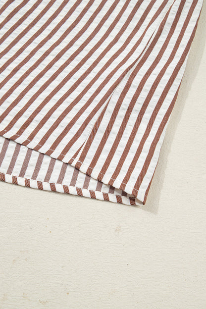Stripe Collar Split Neck Bubble Sleeve Blouse