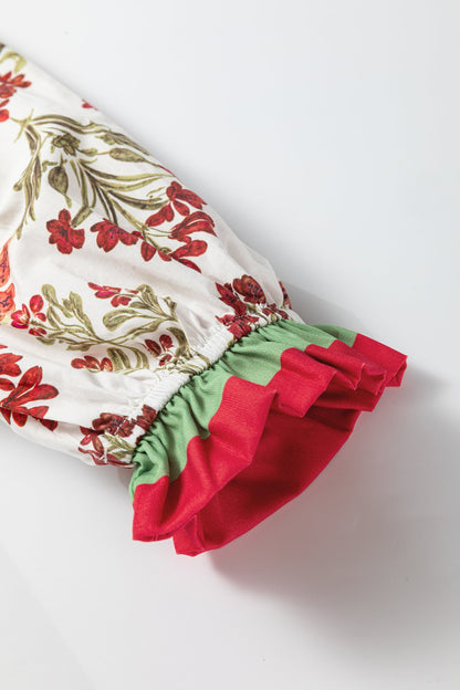 Floral Frill Colorblock V-Neck Peplum Top