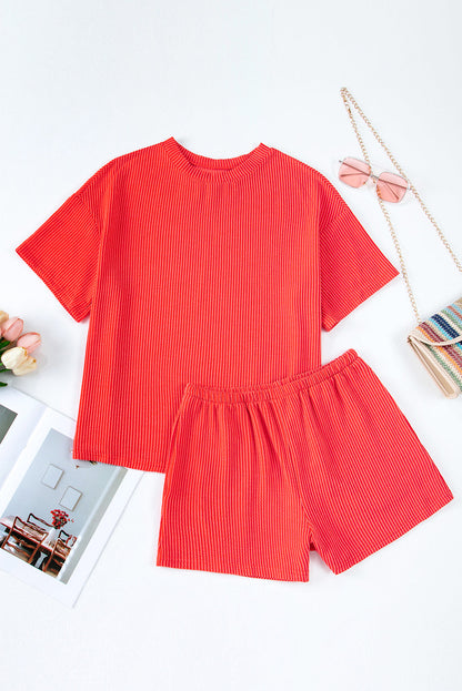 Solid Corded Short Sleeve Tee and Shorts Set