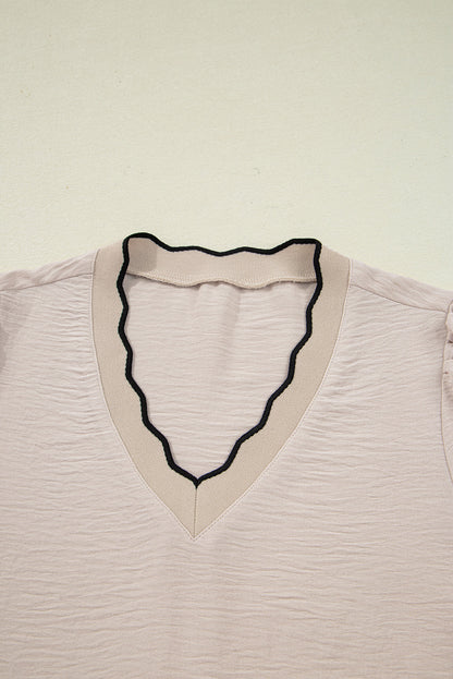Contrast Trim Scallop V-Neck Long Sleeve Blouse