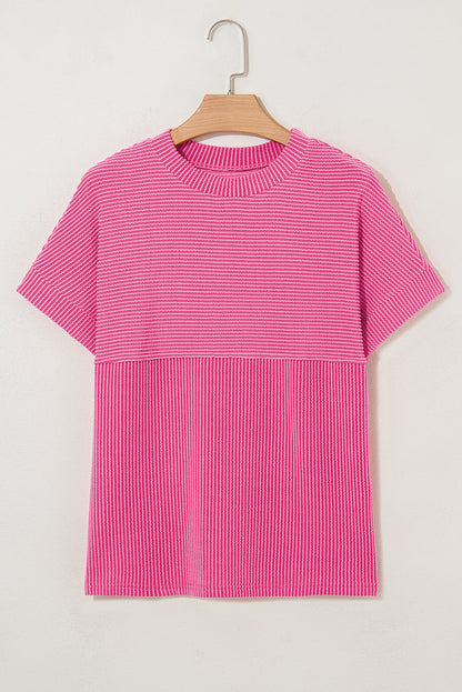 Plain Corded Knit Mock Neck T-Shirt