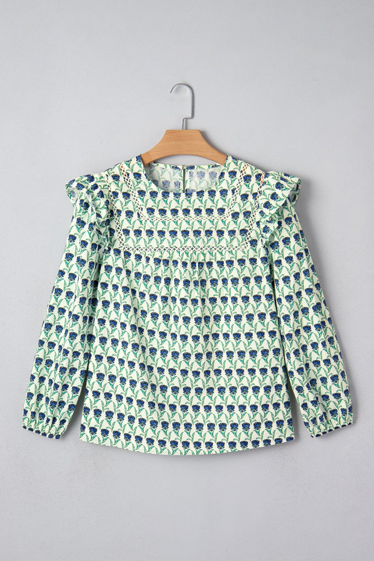 Floral Lace Trim Ruffle Long Sleeve Blouse