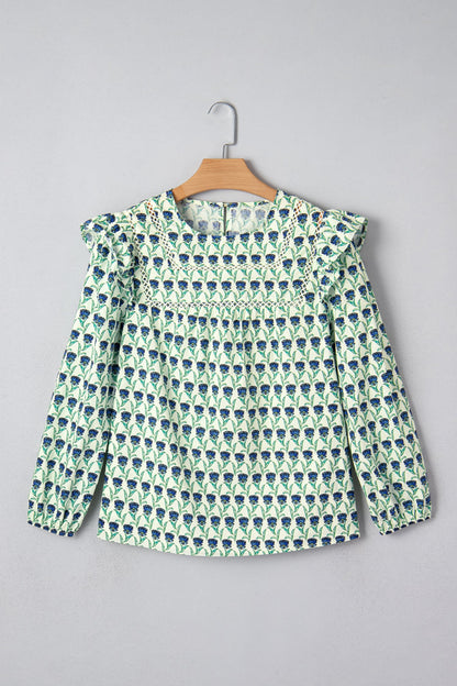 Floral Lace Trim Ruffle Long Sleeve Blouse