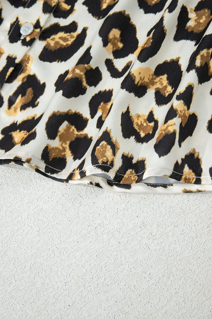 Leopard Ruffle Trim 3/4 Sleeve Loose Shirt