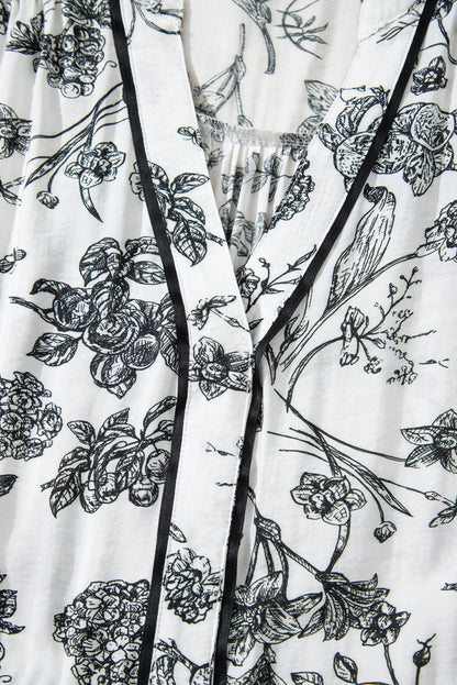 Floral Piping Trim Notch Neck Maxi Dress