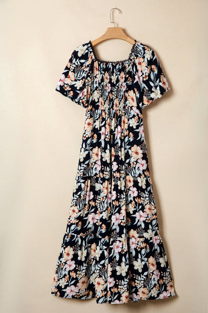 Floral Short-Sleeve Smock High-Waist Maxi Dress