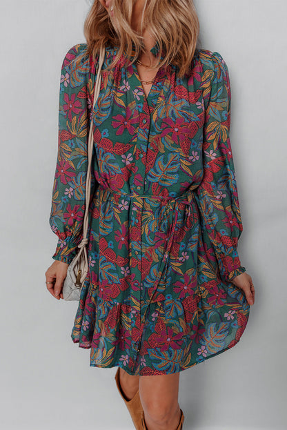 Floral Frilled V-Neck Puff Sleeve Ruffle Shirt Dress