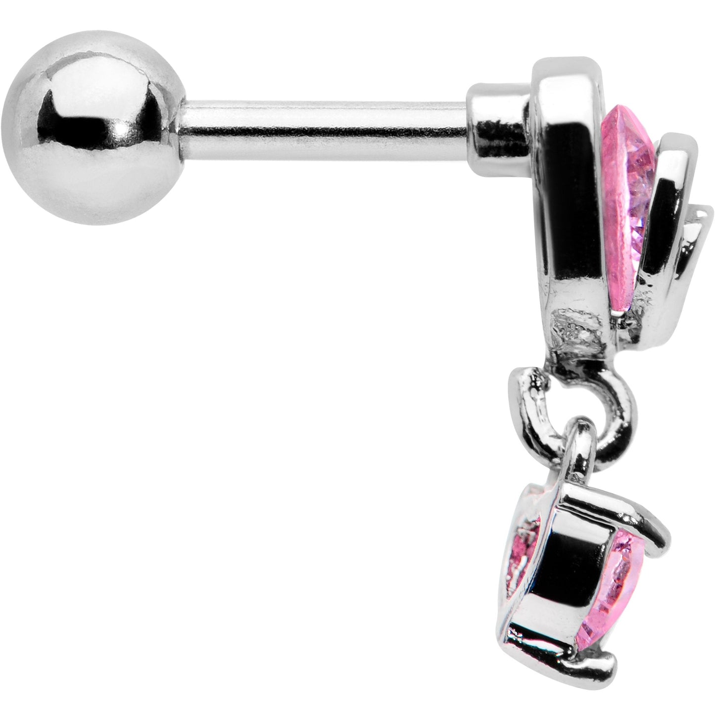 16G 1/4 Pink CZ Gem Triple Heart Dangle Cartilage Tragus Earring