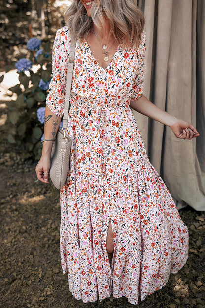 Floral Boho Half Sleeve V‑Neck Maxi Dress